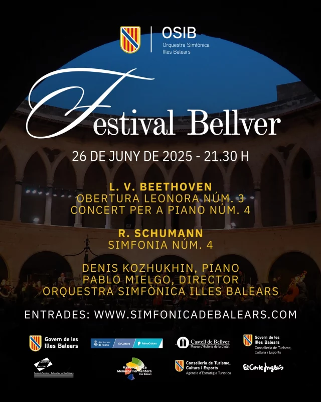 Comença el FESTIVAL BELLVER 2025 aquest mes, 26 de juny de 2025, a les 21.30 h. 
🎹 Comptarem amb la presència del reconegut pianista Denis Kozhukhin com a solista convidat.
📝 PROGRAMA
🎼 Beethoven – Obertura Leonora
🎼 Beethoven – Concert per a piano núm. 4 (amb Denis Kozhukhin)
🎼 Schumann – Simfonia núm. 4
Un inici majestuós per a una cita imprescindible amb la música clàssica en un entorn històric.
🎟️ Entrades: LINK BIO
.
.
Empieza el FESTIVAL BELLVER 2025 este mes, 26 de junio de 2025, a las 21.30 h. 
🎹 Contaremos con la presencia del reconocido pianista Denis Kozhukhin como solista invitado.
🟨 PROGRAMA
🎼 Beethoven – Obertura Leonora
🎼 Beethoven – Concierto para piano n.º 4 (con Denis Kozhukhin)
🎼 Schumann – Sinfonía n.º4
Un inicio majestuoso para una cita imprescindible con la música clásica en un entorno histórico.
🎟️ Entradas: LINK BIO
.
 #músicaclásica #OSIB #festivalbellver #palmademallorca #castelldebellver #culturamallorca #concert #musica #osib #orquestra #conciertopalma #illesbalears